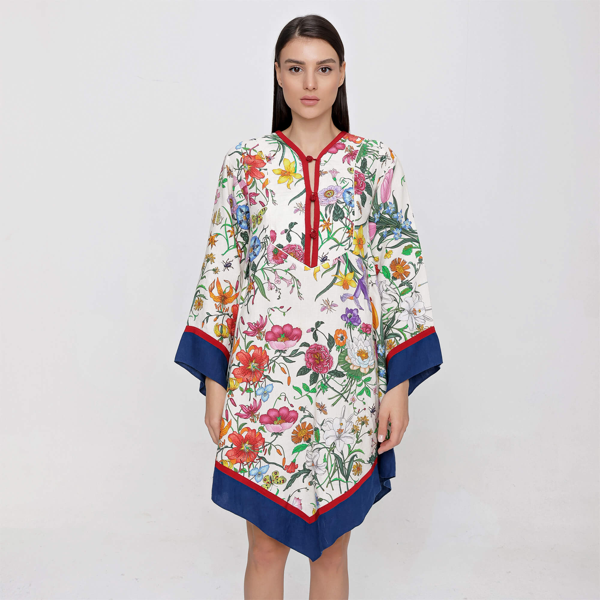 Gucci - Multicolour Linen Floral Print Navy Trim Kaftan